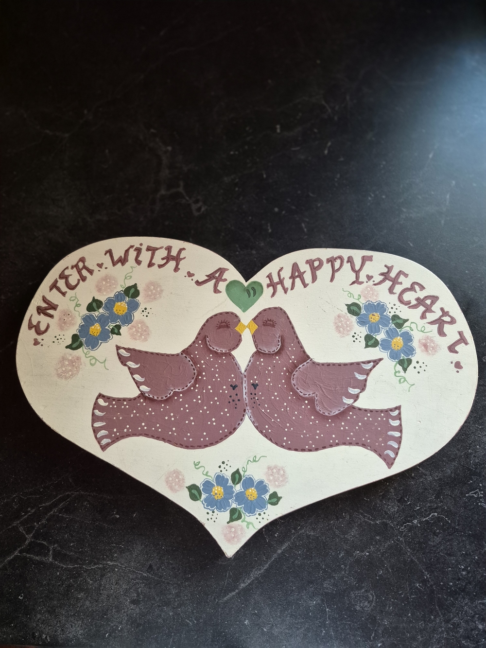 Vintage Folk Art Wood Heart Cottagecore Plaque